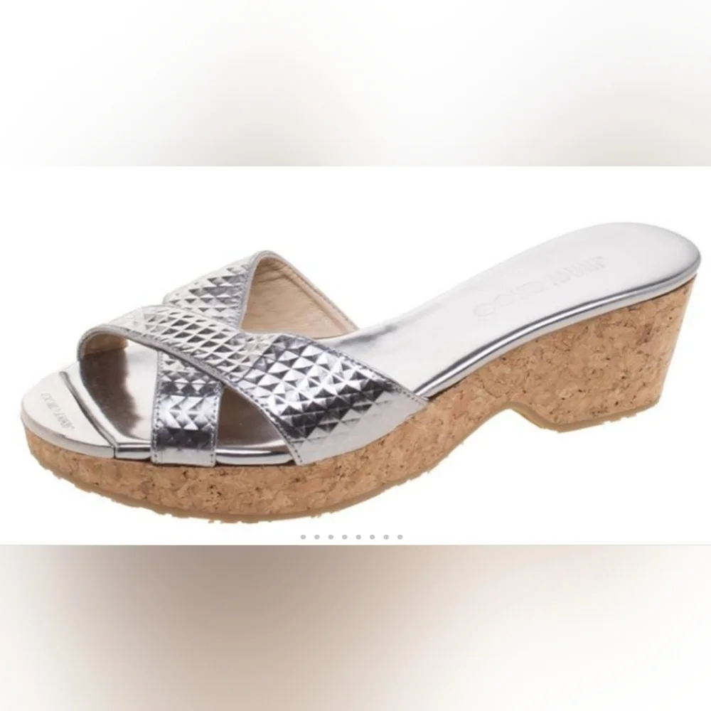 Jimmy Choo Silver Metallic Embossed Leather Panna Cork Slides Size 37.5